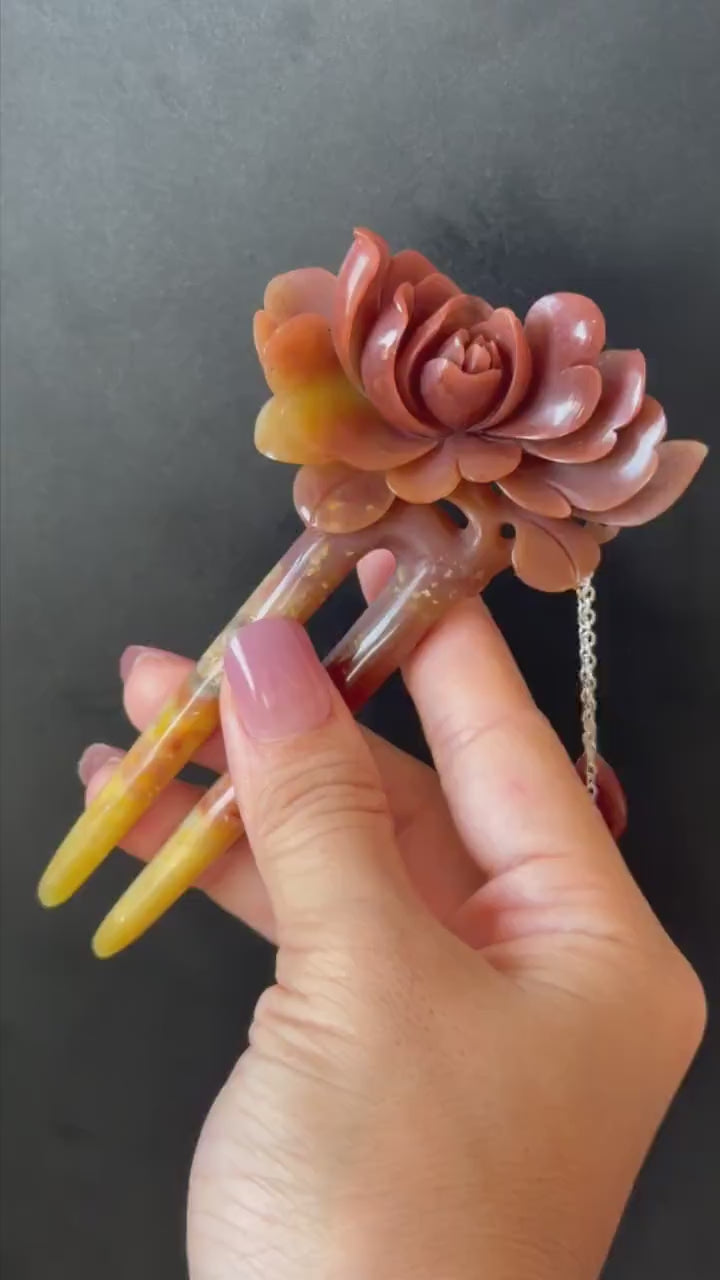 Certified Natural Xiu Jade Serpentine Hand Carved Camellia Flower Hair Fork with dangle