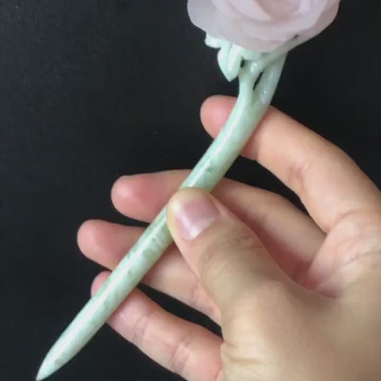 Natural Xiu Jade (Serpentine) Hand Carved Peony Flower Hair Pin | Jade Hair Stick | Pink Green | Asian Chinese Vintage Style | Gift for her