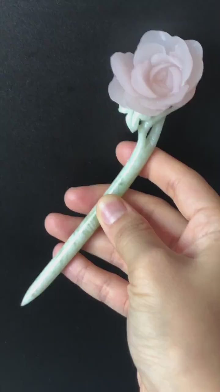 Natural Xiu Jade (Serpentine) Hand Carved Peony Flower Hair Pin | Jade Hair Stick | Pink Green | Asian Chinese Vintage Style | Gift for her