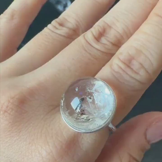 Enhydro Quartz (Herkimer Diamond) S925 Sliver Adjustable Ring: Rare Polished Crystal with Moving Sand & Black Bubble in Manifestation Quartz