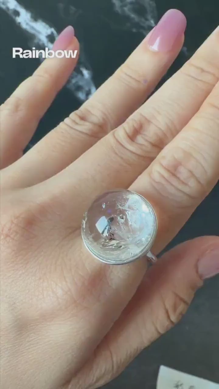 Enhydro Quartz (Herkimer Diamond) S925 Sliver Adjustable Ring: Rare Polished Crystal with Moving Sand & Black Bubble in Manifestation Quartz