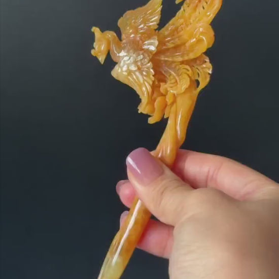 Xiu Jade (Serpentine) Hand Carved Fire Phoenix & Peony Hair Pin: Natural Certified Red Jade Hanfu Handcrafted Hair Stick 3D stone carving