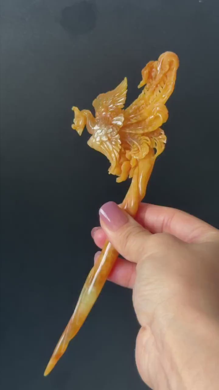 Xiu Jade (Serpentine) Hand Carved Fire Phoenix & Peony Hair Pin: Natural Certified Red Jade Hanfu Handcrafted Hair Stick 3D stone carving