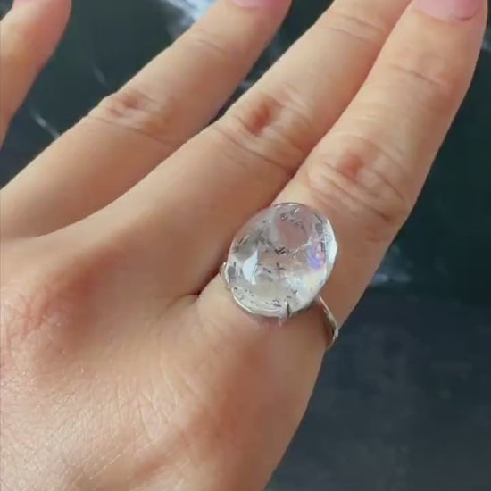 Polished Enhydro Quartz (Herkimer Diamond) S925 Silver Adjustable Ring: Rainbow! Moving Black Mica Sand and Black Bubble Inclusion Crystal