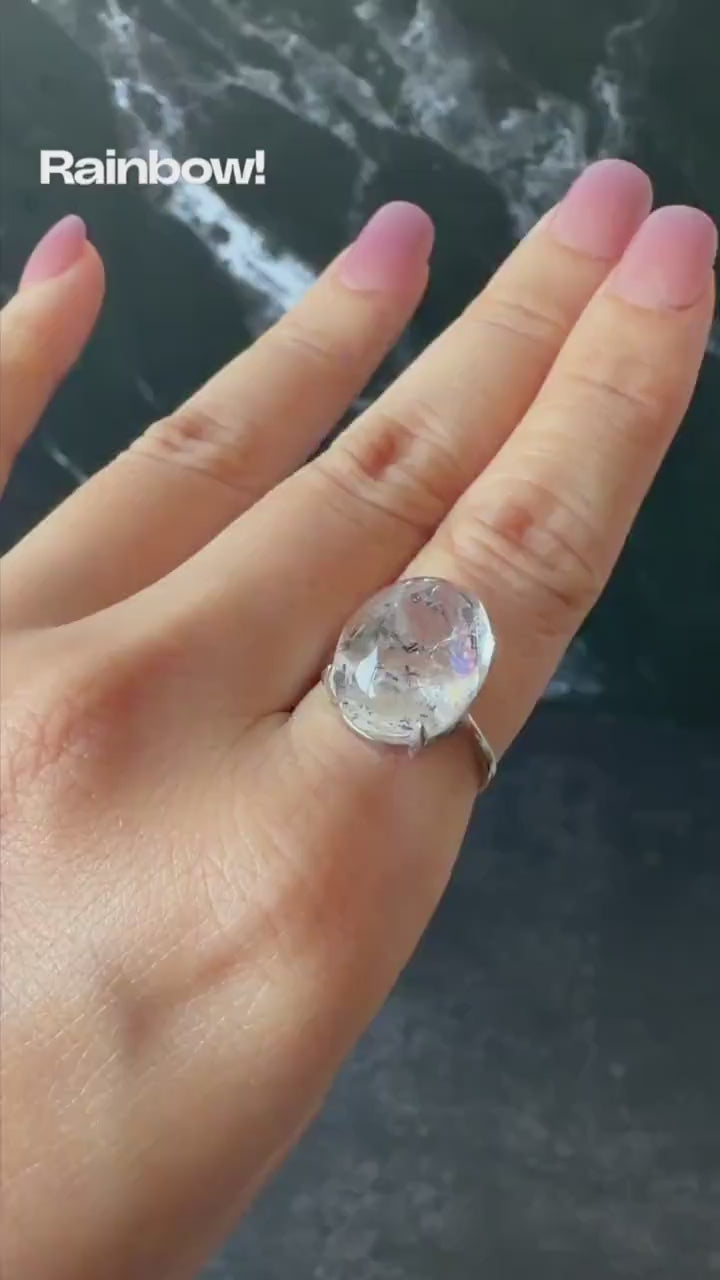 Polished Enhydro Quartz (Herkimer Diamond) S925 Silver Adjustable Ring: Rainbow! Moving Black Mica Sand and Black Bubble Inclusion Crystal