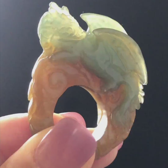 Xiu Jade Dragon Hand Carved Ring 17.2mm (US 6 - 6 1/4) : Natural Serpentine Bi-colour Yellow Green Jade Statement Ring 3D Stone Carving Gift