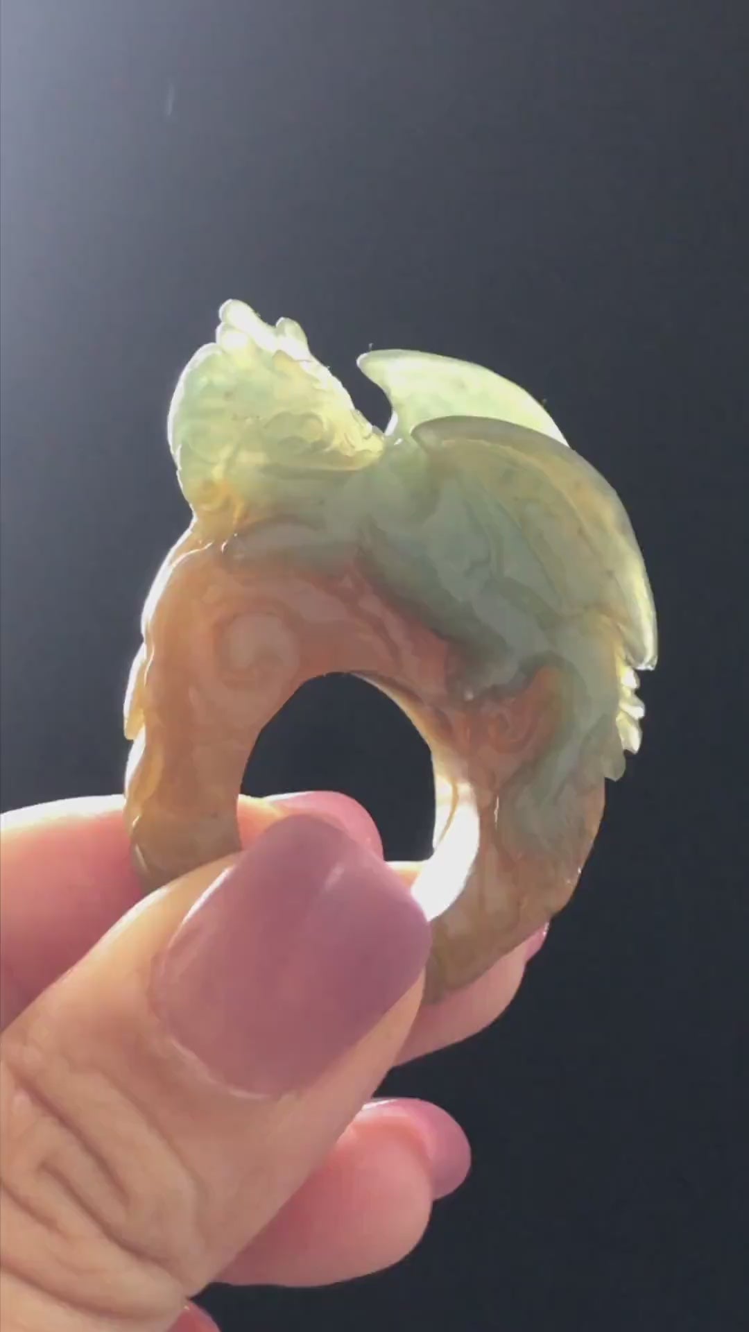 Xiu Jade Dragon Hand Carved Ring 17.2mm (US 6 - 6 1/4) : Natural Serpentine Bi-colour Yellow Green Jade Statement Ring 3D Stone Carving Gift