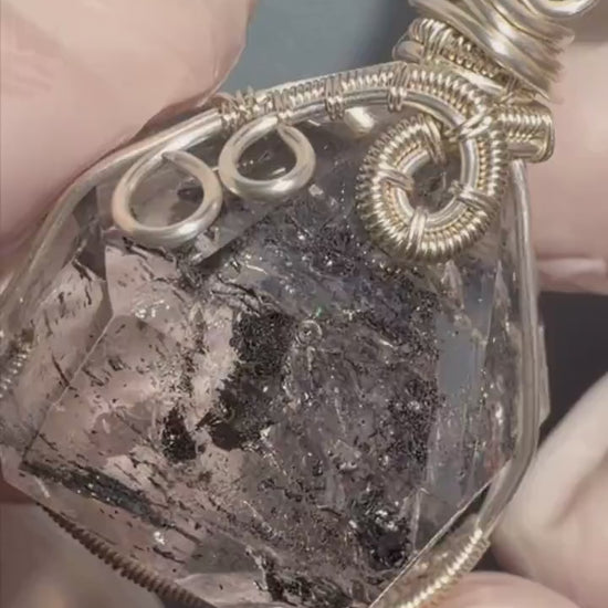 Polished Enhydro Quartz (Herkimer Diamond) Pendant Necklace: Sand Waterfall! Moving Sand & Mica, Clear Bubble Inclusion Crystal