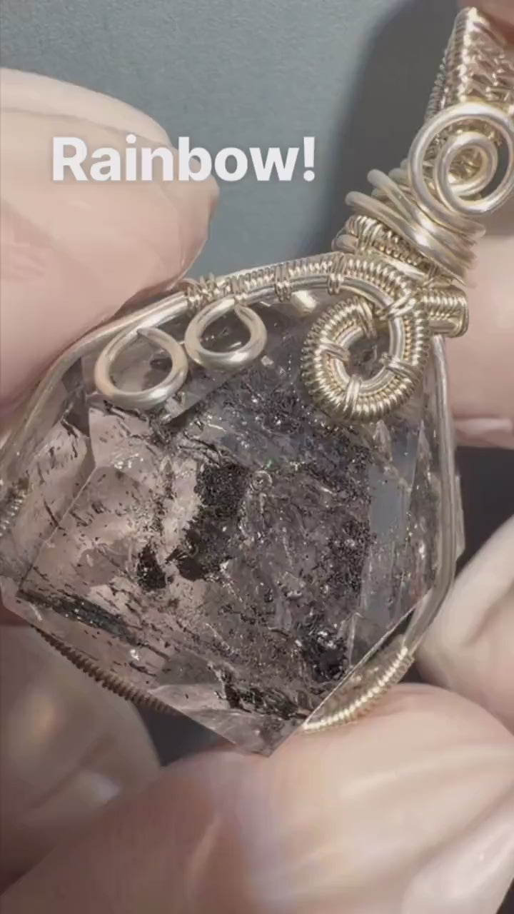 Polished Enhydro Quartz (Herkimer Diamond) Pendant Necklace: Sand Waterfall! Moving Sand & Mica, Clear Bubble Inclusion Crystal
