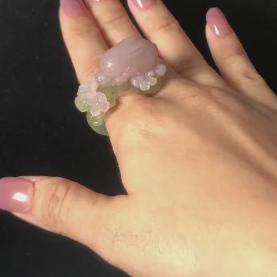 Custom Size! Xiu Jade Serpentine Hand Carved Pink Rabbit Bunny Flower Statement Ring: Green & Pink Jade Handcrafted 3D Stone Carving Ring