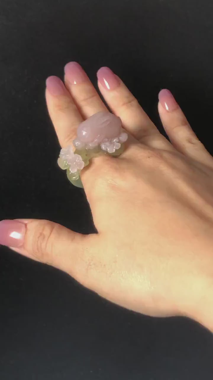 Custom Size! Xiu Jade Serpentine Hand Carved Pink Rabbit Bunny Flower Statement Ring: Green & Pink Jade Handcrafted 3D Stone Carving Ring