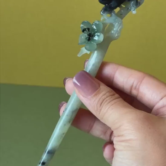 Xiu Jade Serpentine Hand Carved Cat Kitten and Plum Blossom Hair Pin: Natural Certified Green & Black Jade Handcrafted Flower Hair Stick