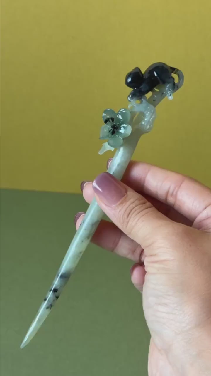 Xiu Jade Serpentine Hand Carved Cat Kitten and Plum Blossom Hair Pin: Natural Certified Green & Black Jade Handcrafted Flower Hair Stick
