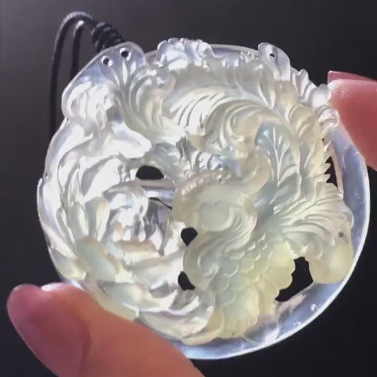 Xiu Jade Serpentine Hand Carved Phoenix & Peony Pendant Adjustable Necklace | Certified Natural Icy White Jade | Engraved Stone Crystal Gift