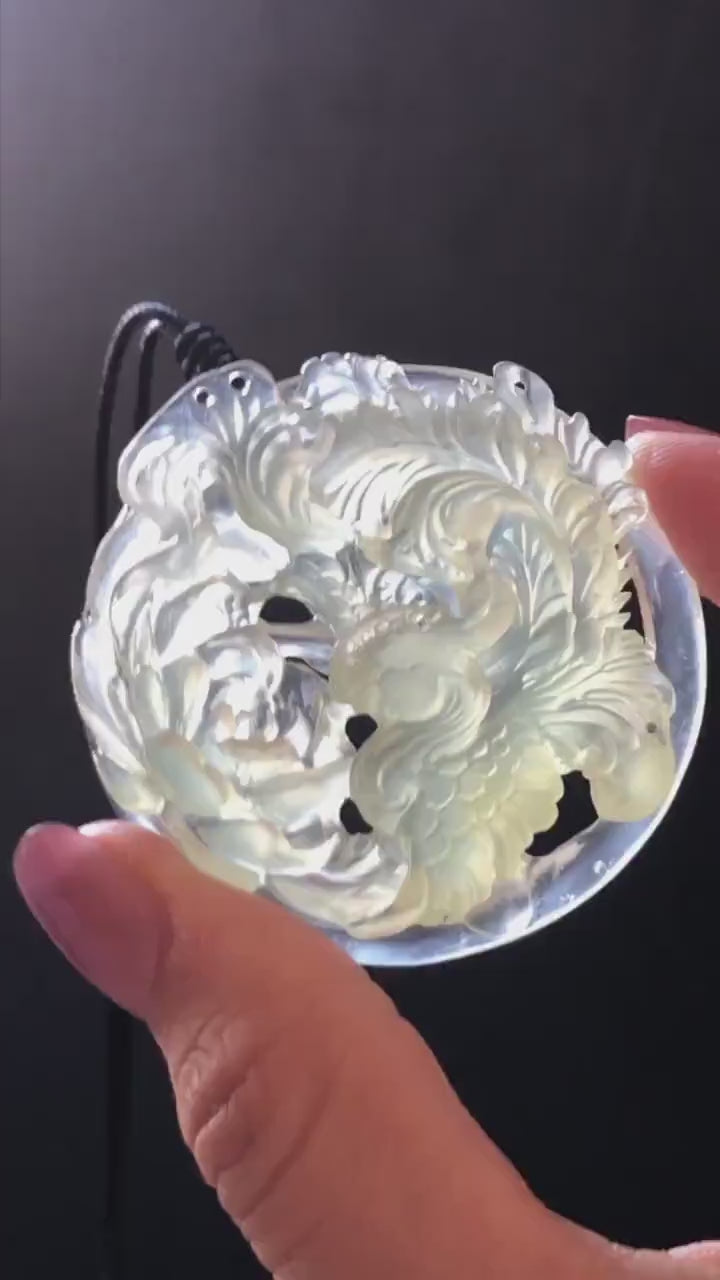 Xiu Jade Serpentine Hand Carved Phoenix & Peony Pendant Adjustable Necklace | Certified Natural Icy White Jade | Engraved Stone Crystal Gift