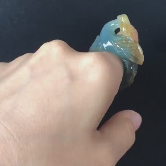 Natural Xiu Jade (Serpentine) Hand Carved 3D Peacock with Peony Ring | Green and Yellow | 17.2mm (US 6.5-7) | Gemstone Crystal Stone Ring