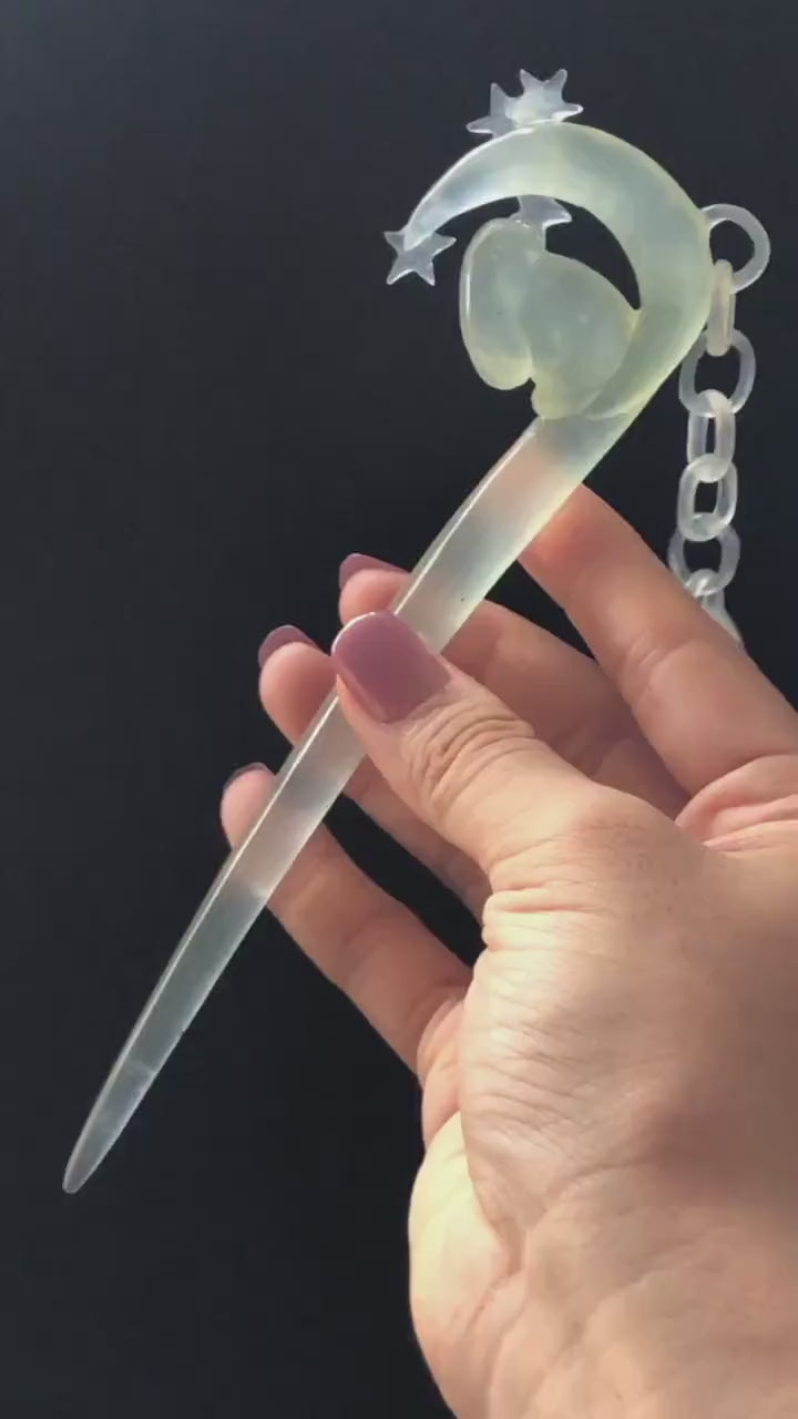 Certified Natural Xiu Jade Serpentine Hand Carved Hair Pin with Dangle | Rabbit Bunny on Moon & Star