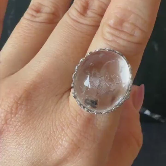 Polished Enhydro Quartz (Herkimer Diamond) S925 Silver Adjustable Ring: Moving Sand Waterfall and Shifting Bubble Inclusion Crystal