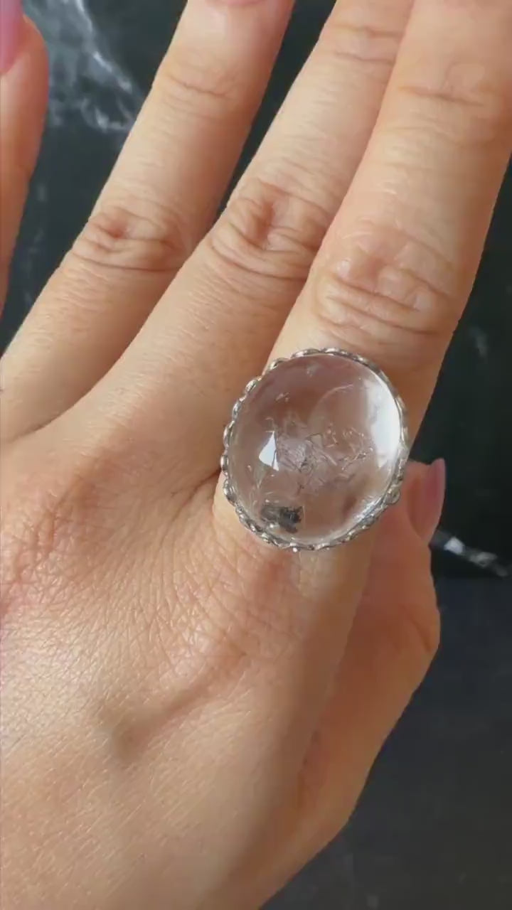 Polished Enhydro Quartz (Herkimer Diamond) S925 Silver Adjustable Ring: Moving Sand Waterfall and Shifting Bubble Inclusion Crystal