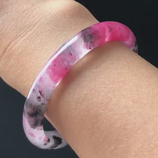 57mm Premium Natural Icy Rhodonite Stone Crystal Bangle | Black Pink Cherry Plum Blossom Sakura Rain | Chinese Danqing | Healing Stone GIft