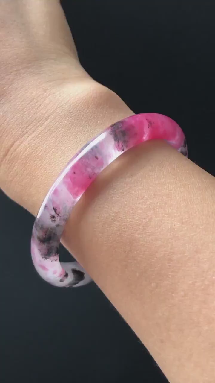 57mm Premium Natural Icy Rhodonite Stone Crystal Bangle | Black Pink Cherry Plum Blossom Sakura Rain | Chinese Danqing | Healing Stone GIft