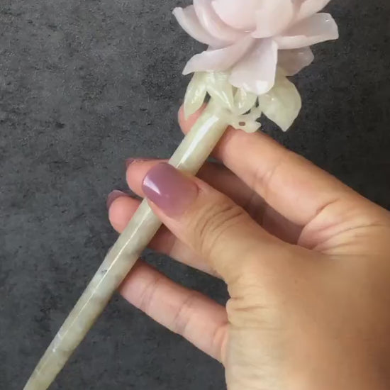 Natural Xiu Jade Serpentine Hand Carved Pink Peony Flower Hair Pin | Pink Jade Green Jade Handcrafted Hair Stick