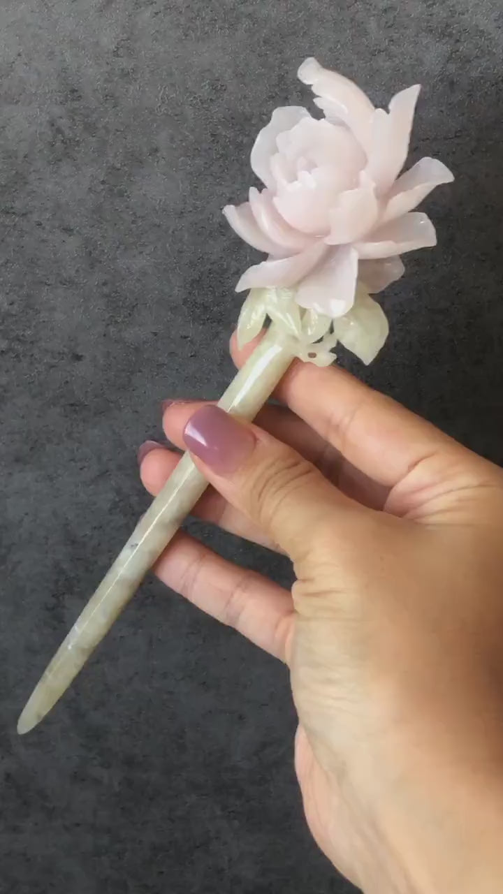 Natural Xiu Jade Serpentine Hand Carved Pink Peony Flower Hair Pin | Pink Jade Green Jade Handcrafted Hair Stick