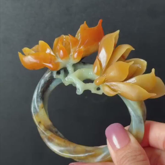 Xiu Jade Serpentine Hand Carved Yulan Flowers Hair Pin: Certified Natural Multicolor Orange Yellow Green Jade Hair Stick, Vintage Hair Fork