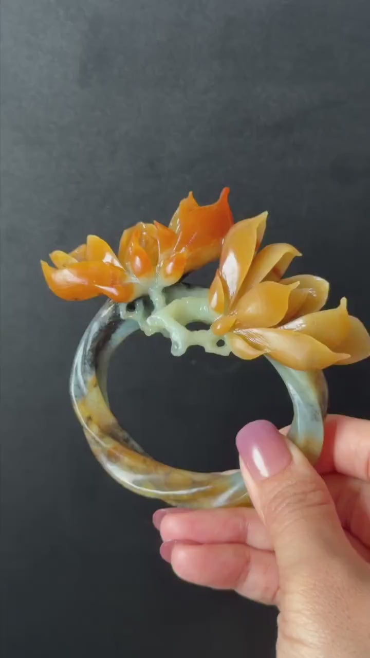 Xiu Jade Serpentine Hand Carved Yulan Flowers Hair Pin: Certified Natural Multicolor Orange Yellow Green Jade Hair Stick, Vintage Hair Fork