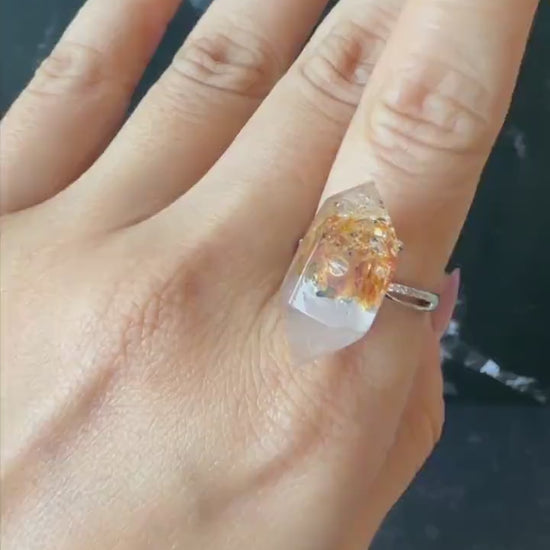 Polished Petroleum Enhydro Quartz S925 Silver Adjustable Ring: Clear Bubble in Golden Red Petroleum Oil Inclusion Crystal