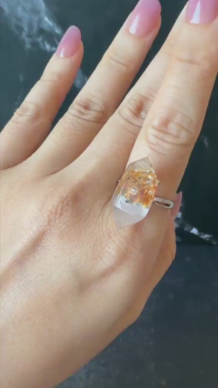 Polished Petroleum Enhydro Quartz S925 Silver Adjustable Ring: Clear Bubble in Golden Red Petroleum Oil Inclusion Crystal