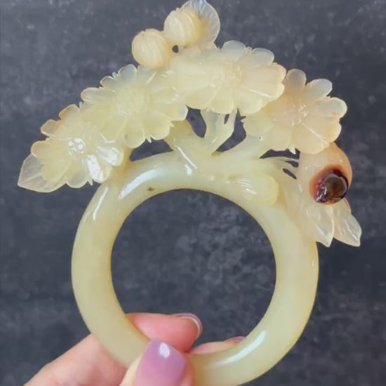 Certified Xiu Jade Serpentine Hand Carved Bird & Daisy Flower Hair Pin