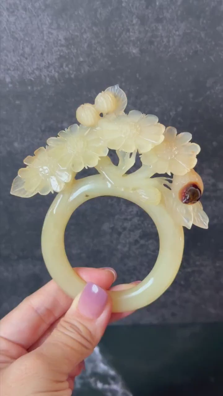 Certified Xiu Jade Serpentine Hand Carved Bird & Daisy Flower Hair Pin