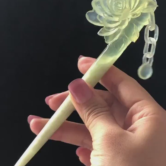 Certificate Natural Xiu Jade Serpentine Hand Carved Camellia Flower Hair Pin with Dangle | Ice Green Jade Hair Stick