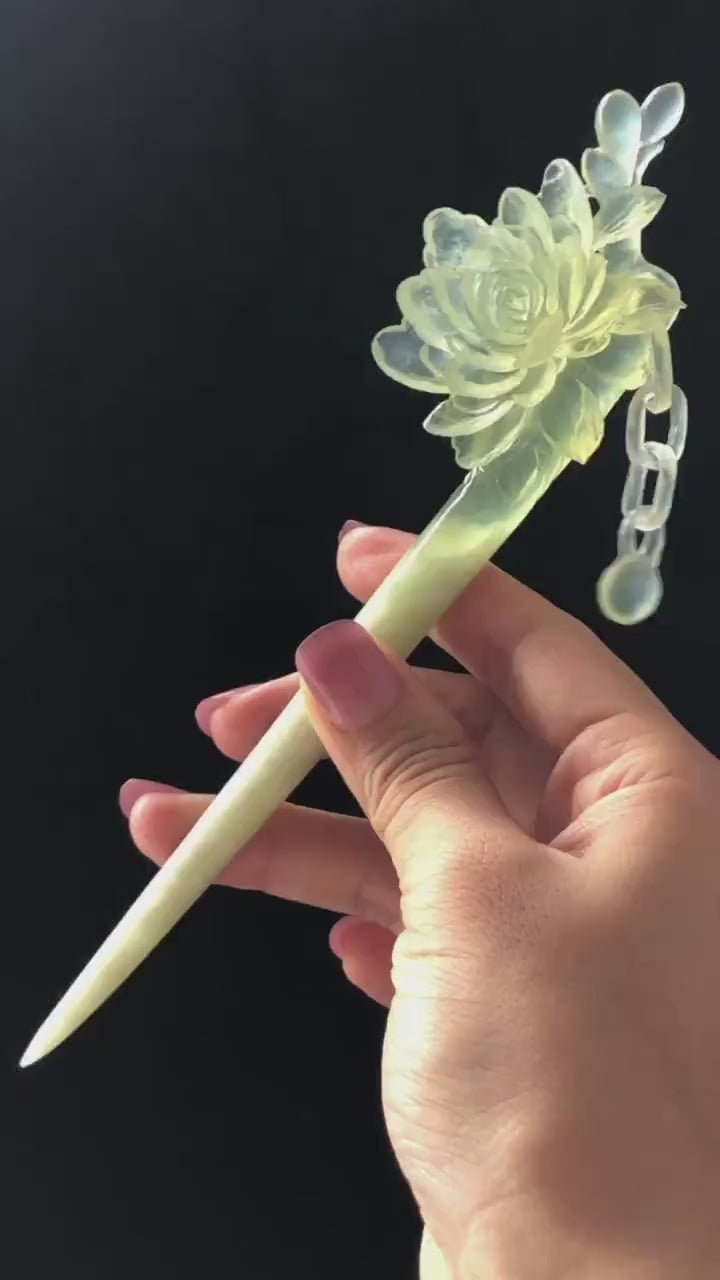 Certificate Natural Xiu Jade Serpentine Hand Carved Camellia Flower Hair Pin with Dangle | Ice Green Jade Hair Stick