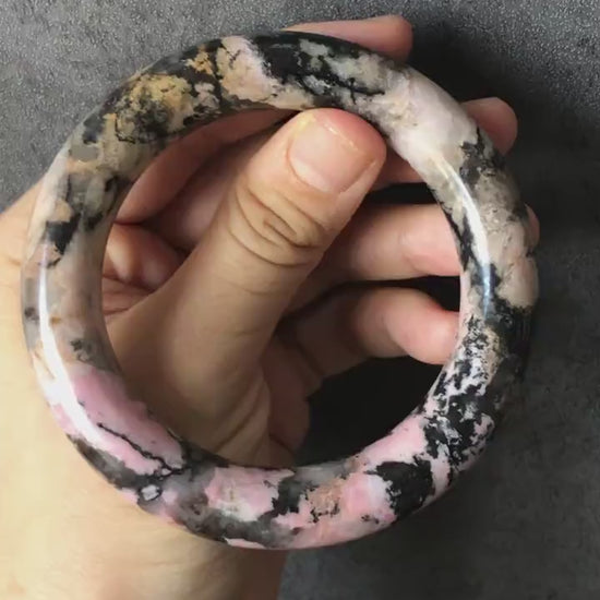 58.1mm High Quality Natural Rhodonite Bangle Bracelet | Snow Flurry | Black Ink with Milky Pink | Cool & Stylish | Crystal Bangle