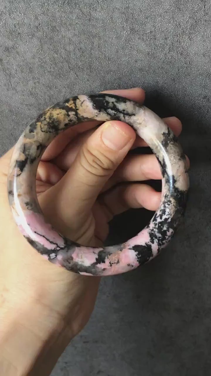 58.1mm High Quality Natural Rhodonite Bangle Bracelet | Snow Flurry | Black Ink with Milky Pink | Cool & Stylish | Crystal Bangle