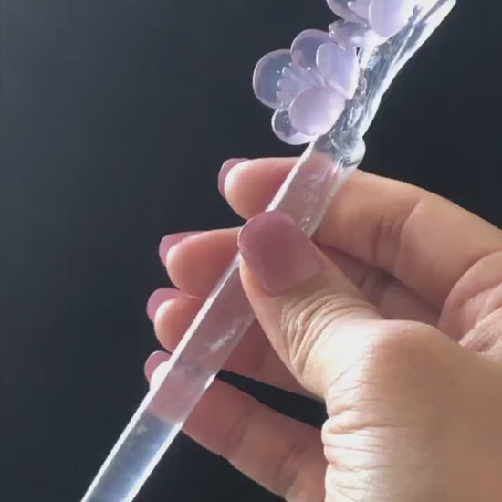 Natural Fluorite Hand Carved Peach Blossom Flower Hair Pin:  Purple and White Handcrafted Crystal Hanfu Hair Stick