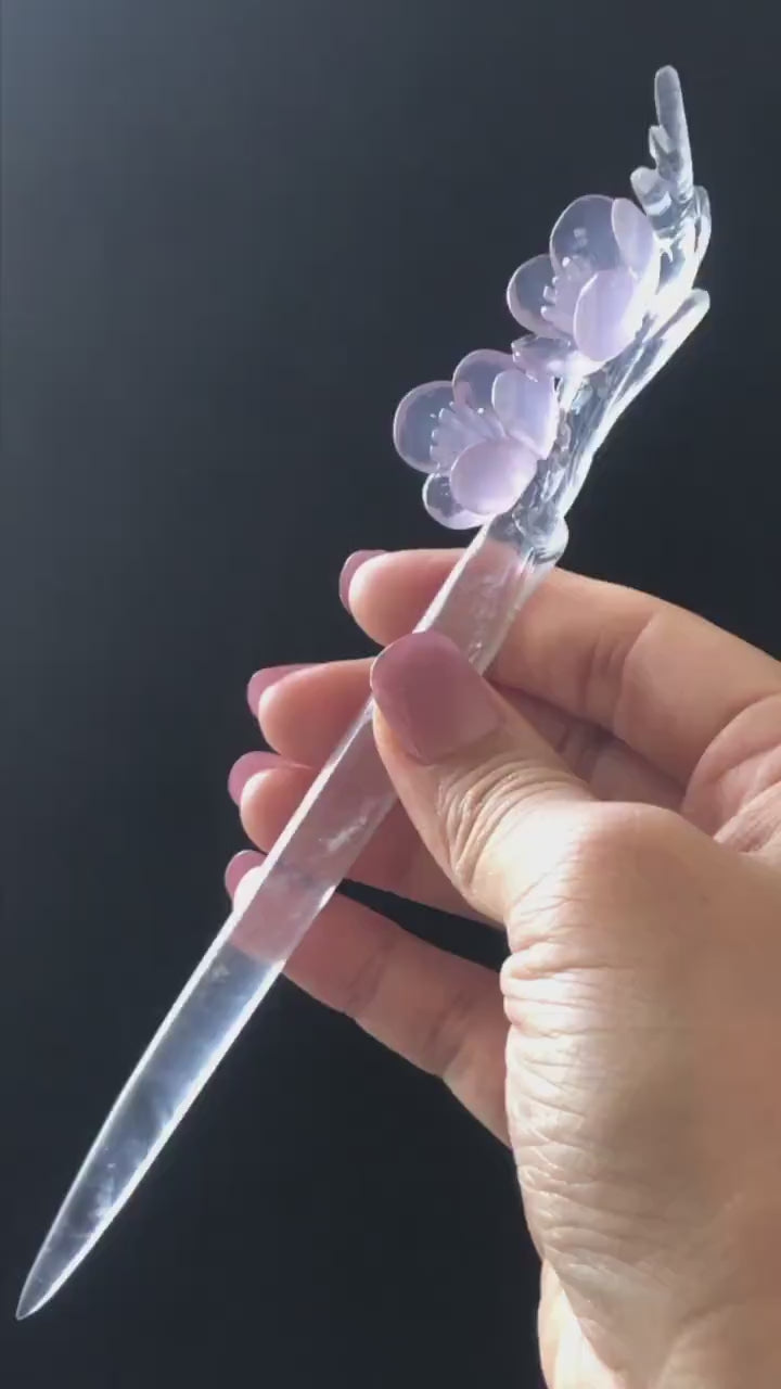 Natural Fluorite Hand Carved Peach Blossom Flower Hair Pin:  Purple and White Handcrafted Crystal Hanfu Hair Stick