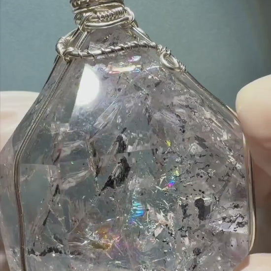 Rainbow Enhydro Quartz Herkimer Diamond Polished Large Pendant: Multiple Rainbow! Moving Anti-current Sand & Water Bubble Inclusion Crystal