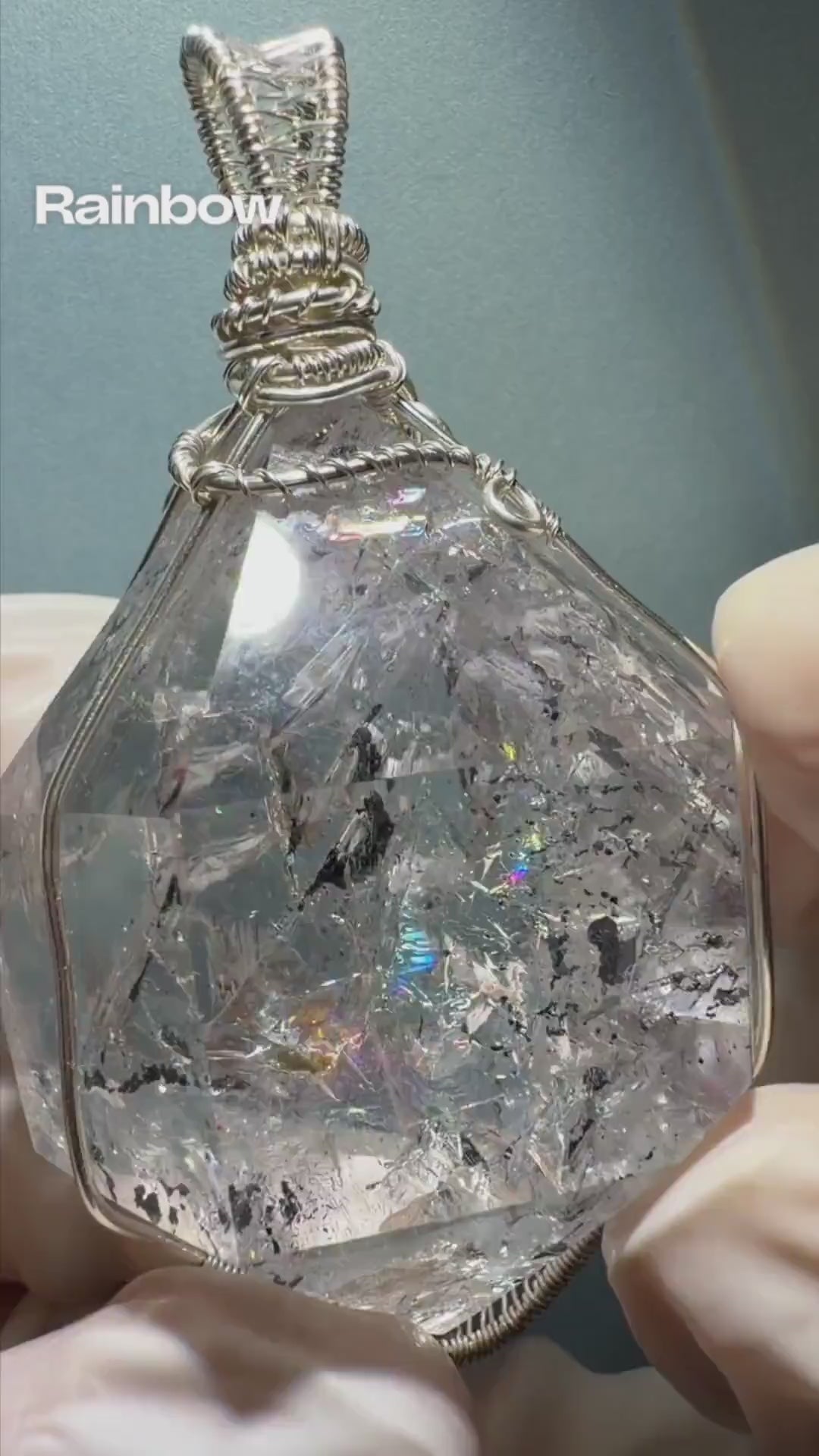 Rainbow Enhydro Quartz Herkimer Diamond Polished Large Pendant: Multiple Rainbow! Moving Anti-current Sand & Water Bubble Inclusion Crystal