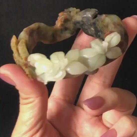 55.1mm Xiu Jade Serpentine Hand Carved Lily Flower Bangle: Natural Multi color Brown Green White Jade Handcrafted 3D carving Bracelet