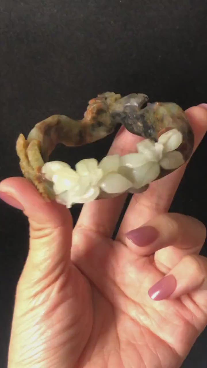 55.1mm Xiu Jade Serpentine Hand Carved Lily Flower Bangle: Natural Multi color Brown Green White Jade Handcrafted 3D carving Bracelet