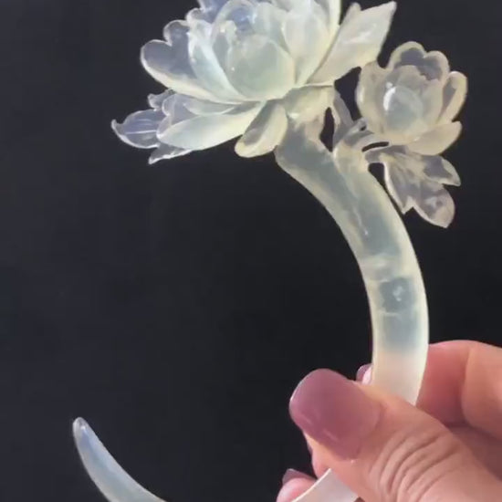 Xiu Jade Serpentine Hand Carved Peony Flower Hair Pin | Certified Natural Ice White Jade Crescent Moon Hair Stick