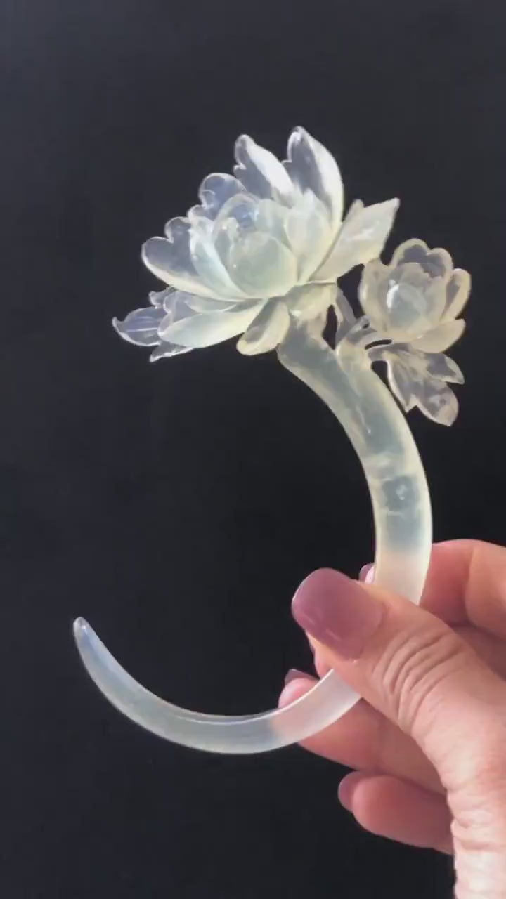 Xiu Jade Serpentine Hand Carved Peony Flower Hair Pin | Certified Natural Ice White Jade Crescent Moon Hair Stick