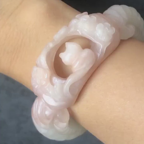 56.5mm Custom Size Natural SheTaiCui Jade (Quartzite) Hand Carved Kitten Cat Flowers Hollow Out Crystal Bangle | Icy Coral Pink