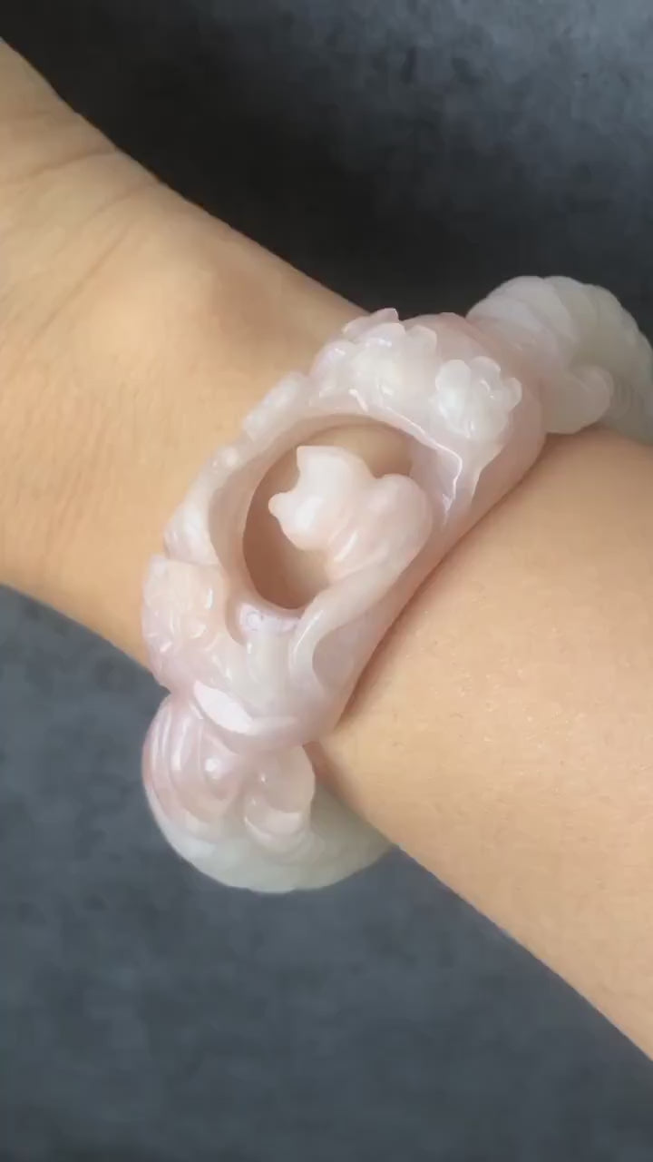 56.5mm Custom Size Natural SheTaiCui Jade (Quartzite) Hand Carved Kitten Cat Flowers Hollow Out Crystal Bangle | Icy Coral Pink