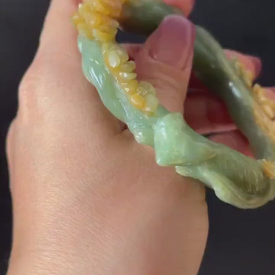 58.5 mm Xiu Jade Serpentine Hand Carved Nine-tailed Fox and flowers Bangle: Natural Bi-colour Yellow Green Jade Handcrafted Bracelet