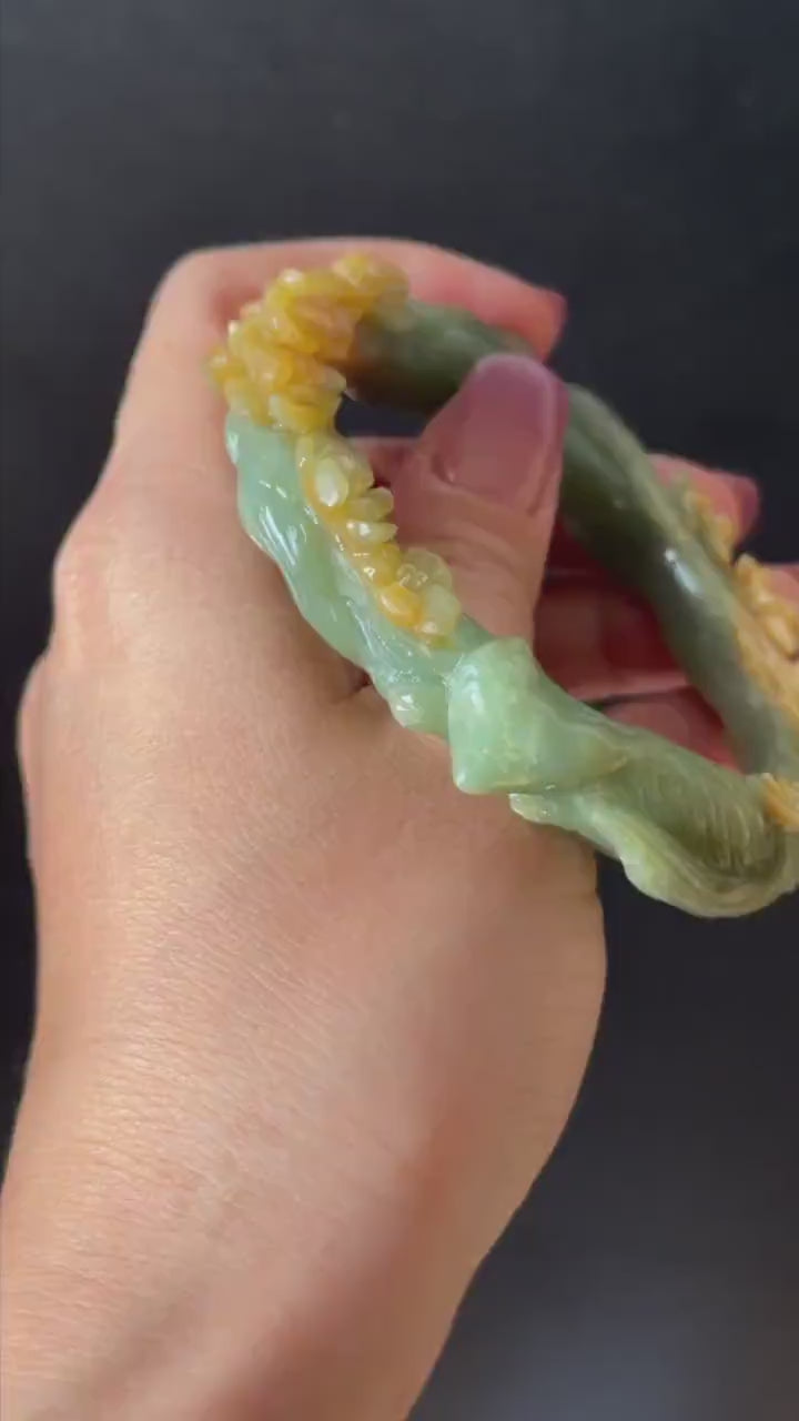58.5 mm Xiu Jade Serpentine Hand Carved Nine-tailed Fox and flowers Bangle: Natural Bi-colour Yellow Green Jade Handcrafted Bracelet