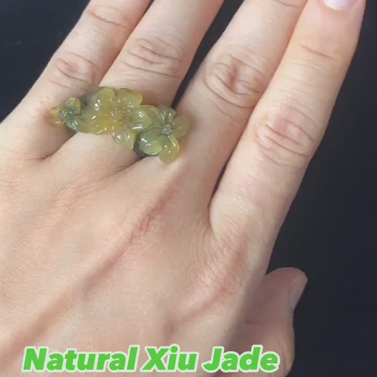 Natural Xiu Jade Serpentine Hand Carved Lily Flower Blooming Ring | 16mm (US 5.5-6) | Icy Green and Yellow | Crystal Stone Gemstone Ring